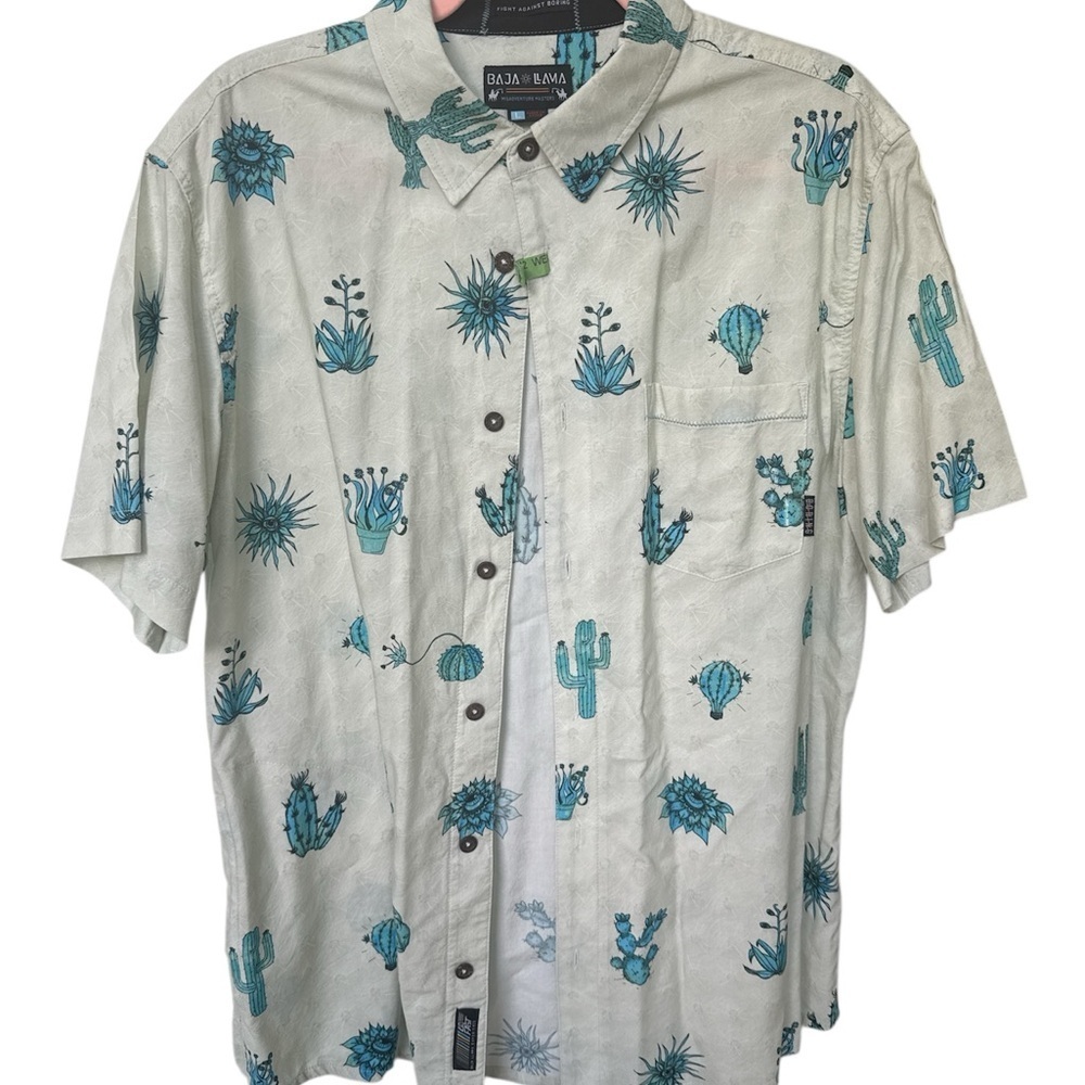 Cream and Blue Casual Button Down Shirt with Cactus Print